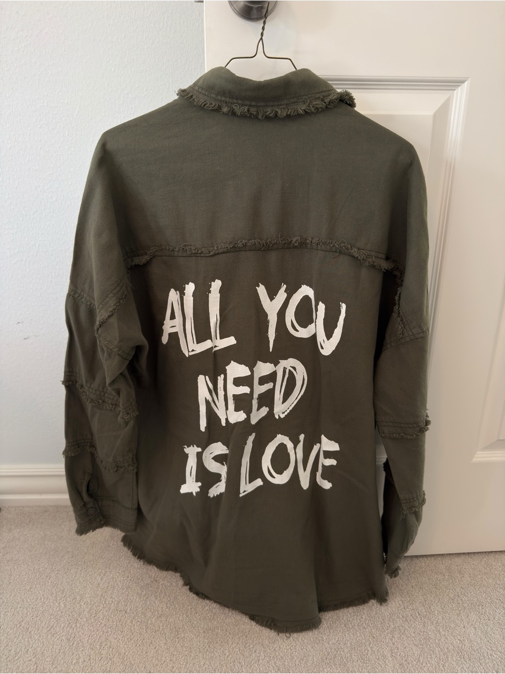 NWOT Elan Olive Green Graphic Jacket - "All You Need Is Love"